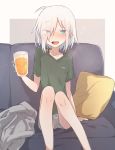  1girl ahoge alcohol bare_legs blue_nails blush collarbone couch cup eyebrows_visible_through_hair eyes_visible_through_hair fang hair_over_one_eye higashi_shino light_blue_eyes nail_polish nowareno_(higashi_shino) open_mouth original pointy_ears sake shirt_removed short_hair shorts sitting skin_fang solo white_hair 