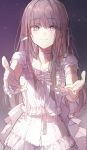  1girl bandaged_hands bandages bangs blunt_bangs brown_hair dress eyebrows_visible_through_hair hair_ribbon highres long_hair original purple_eyes ribbon smile solo wattaro white_dress 