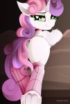  2020 absurd_res andaluce anus butt digital_media_(artwork) equid equine eyebrows eyelashes female friendship_is_magic genitals green_eyes grin hasbro hi_res hooves horn looking_at_viewer looking_back mammal my_little_pony pussy rear_view smile solo sweetie_belle_(mlp) text underhoof unicorn 