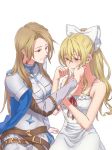  2girls armor armored_dress bare_shoulders belt blonde_hair breasts brown_hair cleavage commentary_request crying dress granblue_fantasy hand_on_own_face katalina_aryze looking_at_another miso-ha_(ukyuu) multiple_girls ponytail red_eyes ribbon sweat vira_lilie white_background white_dress yuri 