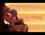  2girls artist_name bang_dacy belt blonde_hair blush breast_grab breast_sucking breasts closed_eyes commentary couple english_commentary glasses gloves grabbing gyakuten_saiban heart highres indoors kamiya_kirio karuma_mei large_breasts multiple_girls negative_space pants shirt_lift short_hair silver_hair sitting yuri 