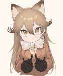  1girl absurdres animal_ear_fluff animal_ears bangs black_gloves bow bowtie brown_eyes brown_hair double_fox_shadow_puppet ezo_red_fox_(kemono_friends) fox_ears fox_shadow_puppet fur_trim gloves hair_between_eyes highres jacket kemono_friends kona_ming long_sleeves looking_at_viewer necktie orange_jacket shirt simple_background smile solo upper_body white_background white_bow white_neckwear white_shirt yellow_background yellow_neckwear 