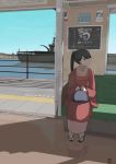  1girl alternate_costume bag black_hair commentary full_body houshou_(kantai_collection) japanese_clothes kantai_collection kimono long_hair looking_to_the_side mihama_machi pink_kimono ponytail sandals satchel ship sign sitting solo train_interior watercraft 