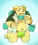  2017 anthro asian_clothing belly blush bulge canid canine canis clothing cu_sith_(tas) domestic_dog east_asian_clothing fundoshi hi_res hoodie japanese_clothing male mammal navel overweight overweight_anthro overweight_male scarf snow_utamaru solo tokyo_afterschool_summoners topwear underwear video_games 