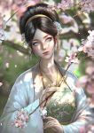 1girl abigail_diaz avatar:_the_last_airbender avatar_(series) black_hair blind cherry_blossoms china_dress chinese_clothes crystal dress gem glitter gold hair_bun hair_ornament hanfu highres long_hair looking_at_viewer older portrait robe serious toph_bei_fong traditional_clothes traditional_dress tree tree_branch white_eyes 