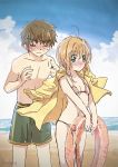  1boy 1girl antenna_hair beach bikini blonde_hair blue_sky blush breasts brown_hair cardcaptor_sakura cleavage closed_eyes closed_mouth cloud collarbone day embarrassed green_eyes grey_swimsuit innertube jacket jacket_on_shoulders kinomoto_sakura li_xiaolang male_swimwear micro_bikini ocean outdoors pink_bikini salovesy shiny shiny_hair short_hair sketch sky small_breasts standing summer sweatdrop swimsuit swimwear twitter_username yellow_jacket 