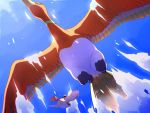  closed_mouth cloud commentary_request day flying from_below gen_1_pokemon gen_2_pokemon highres ho-oh kino_(sea55tea) legendary_pokemon orange_eyes pidgeot pokemon pokemon_(creature) sky spread_wings talons 