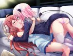  2girls ass chiyoda_momo closed_eyes commentary_request couch curled_horns demon_girl demon_horns demon_tail french_kiss girl_on_top hair_ornament horns kemoyuri kiss long_hair lying machikado_mazoku multiple_girls on_back on_couch panties pillow pink_hair pink_panties pussy_juice red_hair saliva short_hair tail thighhighs tongue tongue_out underwear white_legwear yoshida_yuuko_(machikado_mazoku) yuri 