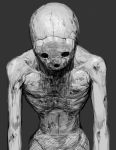  1boy bald collarbone crack cracked_mask grey_background greyscale hakai_shin hatching_(texture) horror_(theme) looking_down male_focus mask monochrome navel nude redead simple_background solo the_legend_of_zelda the_legend_of_zelda:_ocarina_of_time 
