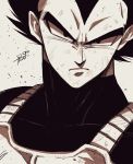  1boy armor bangs closed_mouth dragon_ball dragon_ball_z frown greyscale hair_between_eyes highres looking_at_viewer male_focus monochrome portrait saiyan_armor short_hair signature simple_background sketch solo sumutemu v-shaped_eyebrows vegeta widow&#039;s_peak 