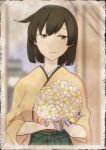  1girl blush border bouquet brown_hair flower green_hakama hakama hakama_skirt hiryuu_(kantai_collection) holding holding_bouquet iwana japanese_clothes kantai_collection looking_at_viewer muted_color one_side_up short_hair smile solo upper_body white_border wide_sleeves 