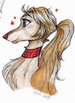  brown_eyes canid canine canis collar domestic_dog female feral fur hair hi_res hunting_dog long_hair mammal ponytail saluki sighthound signature simple_background snout solo stray-sketches witchpuppy 