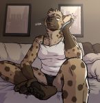 anthro bed bedding blanket breasts brown_body brown_fur cellphone clothed clothing ear_piercing ear_ring feet female fully_clothed fur furniture hindpaw hyaenid inside mammal only panties pawpads paws phone piercing plantigrade rayfkm shirt sitting slightly_chubby solo spots spotted_body spotted_fur spotted_hyena tank_top topwear underwear 