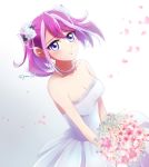  1girl bangs blue_eyes bouquet breasts cleavage closed_mouth collarbone dress floating_hair flower gradient gradient_background grey_background hair_between_eyes hair_flower hair_intakes hair_ornament highlights hiiragi_yuzu holding holding_bouquet jewelry long_hair medium_breasts multicolored_hair necklace pink_flower pink_hair red_hair rose sleeveless sleeveless_dress solo strapless strapless_dress twitter_username two-tone_hair upper_body wedding_dress white_background white_dress white_flower white_rose yu-gi-oh! yu-gi-oh!_arc-v yun_yu 