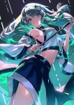  1girl blue_eyes blue_skirt breasts closed_mouth detached_sleeves eyebrows_visible_through_hair frog_hair_ornament gohei green_hair hair_ornament highres kochiya_sanae long_hair looking_at_viewer medium_breasts midriff navel skirt smile snake_hair_ornament solo touhou uu_uu_zan 