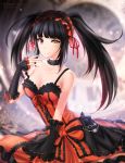  1girl artist_name black_choker black_dress black_hair black_sleeves blurry blurry_background bow breasts choker cleavage clock_eyes closed_mouth collarbone date_a_live detached_sleeves dress frilled_bow frills gigamessy gothic_lolita gradient_hair hairband heterochromia lolita_fashion lolita_hairband long_dress long_hair long_sleeves looking_at_viewer medium_breasts multicolored_hair red_bow red_dress red_eyes red_hair ribbon shiny shiny_hair sitting sleeveless sleeveless_dress sleeves_past_wrists smile solo symbol-shaped_pupils tokisaki_kurumi twintails two-tone_dress very_long_hair watermark yellow_eyes 