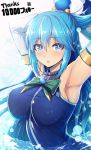  1girl aqua_(konosuba) armpits arms_behind_head blue_eyes blue_hair blush breasts commentary_request detached_sleeves eyebrows_visible_through_hair hair_between_eyes hair_rings highres kono_subarashii_sekai_ni_shukufuku_wo! large_breasts looking_at_viewer mahito solo thank_you upper_body 