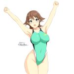  1girl aqua_swimsuit arms_up breasts brown_hair clenched_hand commentary_request competition_swimsuit covered_navel dated flipped_hair green_eyes hiei_(kantai_collection) highres impossible_clothes impossible_swimsuit kantai_collection large_breasts looking_at_viewer montemasa one-piece_swimsuit short_hair simple_background solo swimsuit twitter_username white_background 