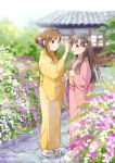  2girls architecture bangs black_hair blunt_bangs blurry blurry_background braid brown_eyes brown_hair day east_asian_architecture eye_contact flower hair_flower hair_ornament highres idolmaster idolmaster_cinderella_girls japanese_clothes kimono kobayakawa_sae looking_at_another mitsuyahachiko mizumoto_yukari multiple_girls outdoors pink_kimono sandals smile white_legwear yellow_kimono yuri 