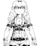  0x0082 1girl arms_at_sides bare_arms bow braid breasts cleavage clenched_hands closed_mouth collarbone collared_vest cowboy_shot fingerless_gloves glasses gloves hair_bow high_collar highres kemono_friends long_hair looking_at_viewer medium_breasts monochrome over-rim_eyewear partially_unzipped semi-rimless_eyewear short_shorts short_sleeves shorts simple_background solo spectacled_caiman_(kemono_friends) spiked_gloves spikes tsurime twin_braids vest white_background zipper 