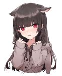  1girl aiko_(kanl) animal_ears animal_hood black_hair bunny_ears bunny_hood buttons cat_ears cropped_torso extra_ears floppy_ears frown grey_jacket hands_up hood hood_down hooded_jacket jacket long_hair long_sleeves looking_at_viewer open_mouth original red_eyes sidelocks simple_background sleeves_past_wrists solo wavy_mouth white_background 