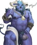 absurd_res alistar_(lol) anthro armor balls black_nipples blue_body blue_fur bovid bovine bracers cattle chest_tuft crotch_tuft english_text front_view fur genital_piercing genitals hi_res humanoid_genitalia humanoid_penis league_of_legends male mammal mane musclegut nipple_barbell nipples pecs penis penis_piercing piercing portrait prince_albert_piercing riot_games simple_background solo text thick_penis three-quarter_portrait towel towel_around_neck tuft video_games vincethetiger white_background 