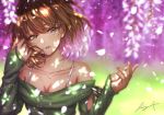  1girl blue_eyes blurry blurry_background breasts brown_hair cleavage collarbone floating_hair flower green_eyes green_shirt heterochromia idolmaster idolmaster_cinderella_girls jewelry koya_(koya_x_00) long_hair looking_at_viewer medium_breasts mole mole_under_eye multicolored_hair nail_polish necklace off-shoulder_shirt off_shoulder parted_lips pink_hair pink_nails shiny shiny_hair shirt signature sleeves_past_wrists solo spaghetti_strap takagaki_kaede two-tone_hair upper_body wisteria 