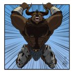  1:1 2020 absurd_res anthro armor armpit_hair body_hair bovid bovine cattle chest_hair clothing damaged_armor fur hair hi_res horn male mammal muscular muscular_anthro muscular_male russell solo teeth underwear yanidesu 