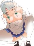  1boy 1girl arrow_(symbol) bare_shoulders braid breasts closed_mouth collarbone eyebrows_visible_through_hair grey_hair hekiga_(freelot) highres izayoi_sakuya large_breasts looking_down maid maid_headdress nipples panties penis red_eyes short_hair simple_background smile solo_focus squatting thighhighs touhou twin_braids underwear white_background white_legwear white_panties 