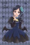 1girl aizen_(syoshiyuki) argyle argyle_background bangs black_capelet black_dress black_eyes black_hair black_wings blue_background blue_dress blue_flower blue_rose capelet closed_mouth cropped_legs demon_wings dress flower hair_flower hair_ornament halloween halloween_costume healin&#039;_good_precure highres long_hair long_sleeves looking_at_viewer parted_bangs precure rose sawaizumi_chiyu shiny shiny_hair side_ponytail smile solo standing striped striped_neckwear tongue tongue_out trick_or_treat wings 