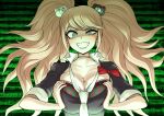  1girl akisora bangs bear_hair_ornament black_bra blonde_hair blue_eyes bow bra breast_press breasts choker cleavage collarbone commentary_request danganronpa danganronpa_1 enoshima_junko evil_grin evil_smile frilled_bra frills grin hair_ornament half-closed_eye highres large_breasts long_hair looking_at_viewer miniboy necktie person_between_breasts red_bow red_bra red_nails school_uniform sleeves_rolled_up smile solo_focus twintails two-tone_bra underwear white_neckwear 