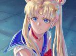  1girl absurdres bishoujo_senshi_sailor_moon blonde_hair blue_eyes blue_sailor_collar bow bowtie breasts choker circlet cleavage collared_shirt crescent crescent_earrings double_bun earrings hair_intakes heart heart_choker highres jewelry long_hair parted_lips red_bow red_choker red_neckwear sailor_collar sailor_moon sailor_moon_redraw_challenge sailor_senshi_uniform sailor_shirt shiny shiny_hair shirt signature sleeveless sleeveless_shirt small_breasts solo tiarii_art upper_body very_long_hair white_shirt 