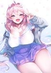  1girl :d ahoge arm_support blue_eyes blush bra_strap breasts choker cleavage fang hair_intakes highres horns jacket kanola_u large_breasts long_hair miniskirt open_clothes open_jacket open_mouth original pink_hair pointy_ears shirt sitting skirt smile solo thighs v very_long_hair white_shirt 