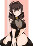  1girl absurdres ahoge artist_request blush breasts brown_hair curly_hair dress dsr-50_(girls_frontline) eyebrows_visible_through_hair girls_frontline highres jewelry large_breasts long_hair looking_at_viewer necklace open_mouth orange_eyes smile thick_thighs thighs tight 