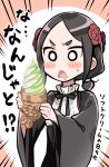  1girl black_hair blush_stickers emphasis_lines flower food hair_flower hair_ornament hikimayu ice_cream niina_ryou princess_principal school_uniform solo taiyaki toudou_chise triangle_mouth wagashi wide_sleeves 