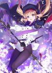  1girl artoria_pendragon_(all) artoria_pendragon_(caster) beret black_legwear blue_headwear blush breasts buttons fate/grand_order fate_(series) flower gloves green_eyes hat holding holding_staff long_hair long_sleeves looking_at_viewer multicolored_capelet open_mouth pantyhose sitting small_breasts staff sword thighs weapon yd_(orange_maru) 