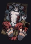  2020 anthro black_sclera bottomless bulge chest_tuft cloth_gag clothed clothing digimon digimon_(species) feet gag genital_outline growlmon hair hands_behind_head hi_res kemono looking_at_viewer lying male mask muscular muscular_anthro muscular_male nipples on_back open_clothing open_shirt open_topwear penis_outline red_body shirt solo solo_focus striped_body stripes topwear tuft underwear white_hair yellow_eyes yzmuya 