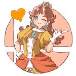  1girl ;) blue_eyes brooch brown_hair dress earrings eyebrows_visible_through_hair flipped_hair flower_earrings gloves grin hand_on_hip hand_up heart index_finger_raised jewelry long_hair looking_at_viewer mario_(series) nishikuromori one_eye_closed orange_dress princess princess_daisy puffy_short_sleeves puffy_sleeves short_sleeves simple_background smash_ball smile solo super_smash_bros. white_background white_gloves 