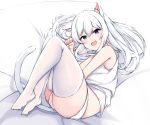  1girl animal_ear_fluff animal_ears ass between_legs blue_eyes cat_ears covering covering_crotch fang fetal_position hand_between_legs highres legs long_hair lying on_side open_mouth original panties smile solo tank_top thighhighs thighs ty_kaede underwear white_hair white_legwear white_panties white_tank_top 