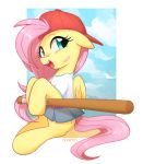  2020 absurd_res band-aid bandage bat_(object) belt bottomwear clothing cutie_mark equid equine eyebrows eyelashes feathered_wings feathers female feral fluttershy_(mlp) friendship_is_magic green_eyes hair hasbro hat headgear headwear hi_res horse mammal marenlicious my_little_pony open_mouth open_smile pink_hair pony shirt skirt smile topwear wings yellow_body 