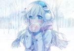  1girl baozi blue_eyes blurry blurry_background blush carnelian earmuffs eating food holding holding_food jacket long_hair long_sleeves original pink_neckwear pink_scarf scarf snow solo tree white_hair white_jacket winter_clothes 