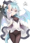  1girl :o ahoge aliter arms_up ass_visible_through_thighs bangs black_gloves blue_hair blue_wings braid breasts brown_legwear commentary_request covered_navel dragon_girl dragon_tail dragon_wings dress elbow_gloves eyebrows_visible_through_hair fur-trimmed_gloves fur-trimmed_sleeves fur_trim gloves hair_between_eyes highres holding holding_sword holding_weapon jacket long_hair looking_at_viewer open_clothes open_jacket panties panties_under_pantyhose pantyhose parted_lips princess_connect! princess_connect!_re:dive purple_eyes shefi_(princess_connect!) short_sleeves signature simple_background single_braid small_breasts solo sword tail thigh_gap underwear v-shaped_eyebrows weapon white_background white_dress white_jacket wings 