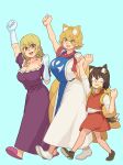  3girls :3 :d absurdres animal_ear_fluff animal_ears blonde_hair blue_background blush breasts bright_pupils brooch brown_eyes brown_footwear brown_hair cat_ears chanta_(ayatakaoisii) chen cleavage clenched_hands dress flat_chest fox_ears fox_tail gloves hand_up highres huge_breasts jewelry long_dress long_hair long_sleeves looking_at_viewer multiple_girls multiple_tails open_mouth purple_dress red_eyes red_skirt red_vest shirt shoes short_hair simple_background skirt slippers slit_pupils smile tabard tail touhou vest walking white_footwear white_gloves white_pupils white_shirt white_skin yakumo_ran yakumo_yukari yellow_eyes 