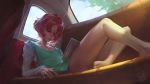  1girl ahoge ami_enan bare_legs barefoot car_interior car_seat feet flat_chest hair_over_eyes highres hood hoodie looking_at_object lupin_iii lupin_iii_part_5 no_pants one_eye_covered panties red_hair redeyehare serious shirt short_hair sitting tablet_pc underwear 