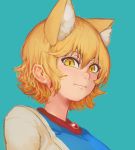  1girl absurdres animal_ear_fluff animal_ears blonde_hair blue_background brooch chanta_(ayatakaoisii) closed_mouth fox_ears highres jewelry looking_at_viewer portrait shirt short_hair slit_pupils smile solo tabard touhou white_shirt yakumo_ran yellow_eyes 