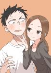  1boy 1girl absurdres bangs black_hair black_shirt blush brown_background brown_eyes brown_hair closed_mouth collarbone commentary_request forehead hand_up highres karakai_jouzu_no_takagi-san long_hair long_sleeves low_ponytail nishikata official_art open_mouth parted_bangs ponytail shirt simple_background smile sweat takagi-san wavy_mouth white_shirt yamamoto_souichirou 