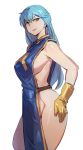  1girl blue_hair bow_(bhp) breasts brown_eyes closed_mouth dragon_quest dragon_quest_iii from_side gloves groin large_breasts long_hair looking_at_viewer looking_to_the_side naked_tabard priest_(dq3) sideboob smile smug solo standing tabard yellow_gloves 