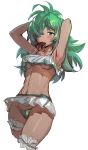  1girl antenna_hair armpits arms_behind_head bikini bikini_skirt blush bow_(bhp) breasts cameltoe cropped_legs frilled_bikini frills granblue_fantasy green_bikini green_eyes green_hair hands_up highleg highleg_bikini kolulu_(granblue_fantasy) long_hair looking_at_viewer messy_hair mouth_hold simple_background skewer small_breasts smile solo standing swimsuit underboob white_background 