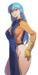  1girl blue_hair bottomless bow_(bhp) breasts brown_eyes closed_mouth dragon_quest dragon_quest_iii from_side gloves groin large_breasts long_hair long_sleeves looking_at_viewer looking_to_the_side priest_(dq3) smile smug solo standing tabard yellow_gloves 
