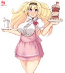  1girl alternate_costume anna_miller apron artist_logo black_hairband blonde_hair blouse blue_eyes breasts commentary_request crying crying_with_eyes_open dated employee_uniform food gambier_bay_(kantai_collection) hairband hamburger highres kanon_(kurogane_knights) kantai_collection large_breasts looking_at_viewer name_tag pink_apron pink_skirt puffy_sleeves short_sleeves simple_background skirt solo tears tray tumbler twintails underbust uniform waitress white_background white_blouse 